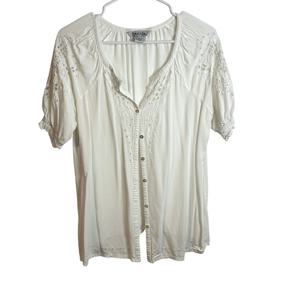 Fresco Eyelet Blouse Womens Size Small White Rayon